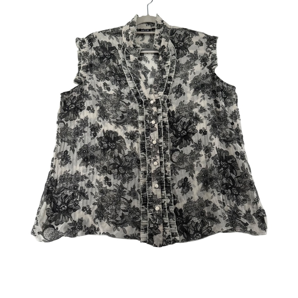 Apt. 9 Floral Sheer Ruffle Sleeveless Blouse Womens X-Large Black Ivory Career